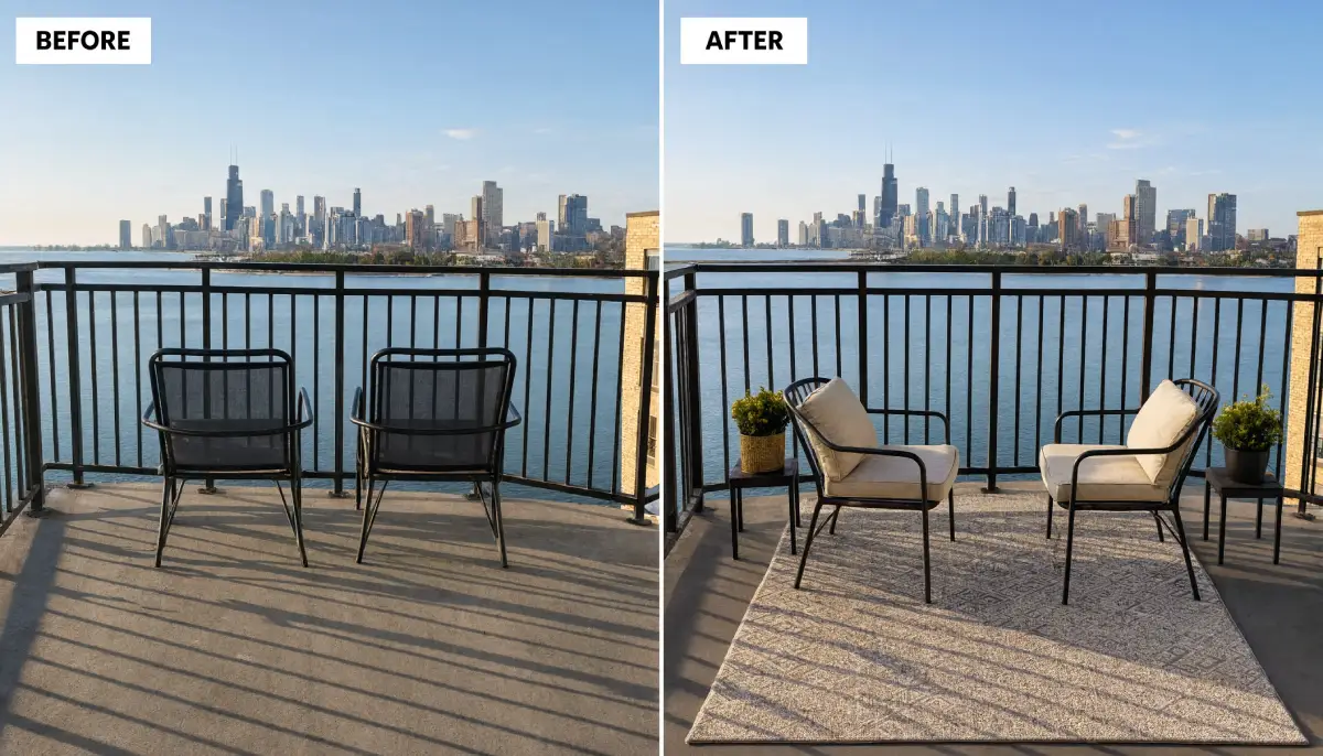 High rise balcony before and after makeover with two black metal patio chairs upgraded to beige cushioned armchairs, a geometric outdoor rug, and small side tables with potted plants overlooking the Chicago lakefront skyline.
