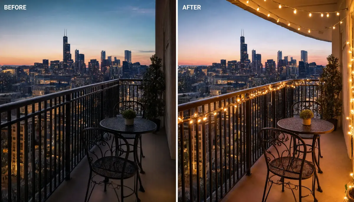 High rise apartment balcony at sunset before and after hanging warm white outdoor string lights along the black metal railings and concrete ceiling overlooking the illuminated Chicago skyline.