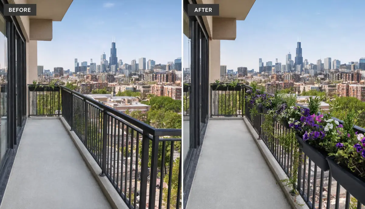 Long condo balcony before and after adding black railing planter boxes filled with purple petunias and green trailing vines overlooking the Chicago cityscape skyline.