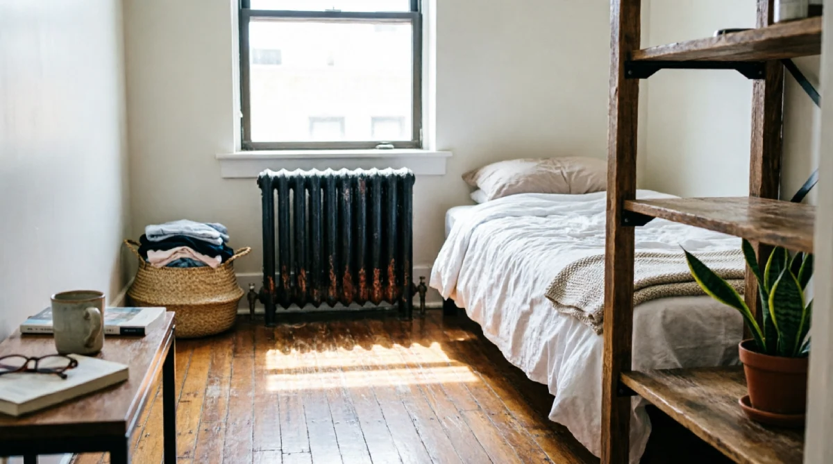Studio apartment bedroom zone in Chicago with cast iron radiator, hardwood floors, and freestanding shelf divider