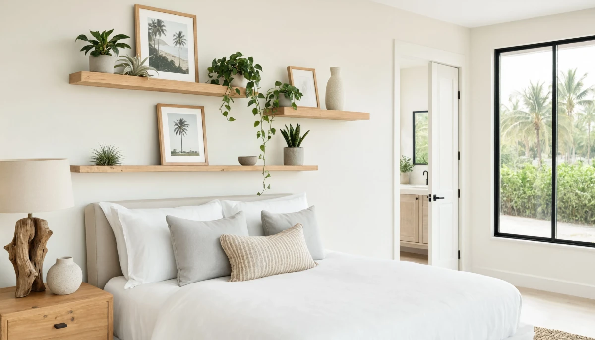 Neutral bedroom featuring floating wooden shelves with trailing plants and framed palm prints above a bed with grey accents.