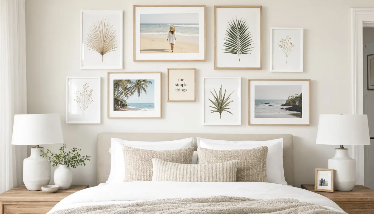 Neutral bedroom featuring a gallery wall with botanical prints and coastal photography above a beige bed.