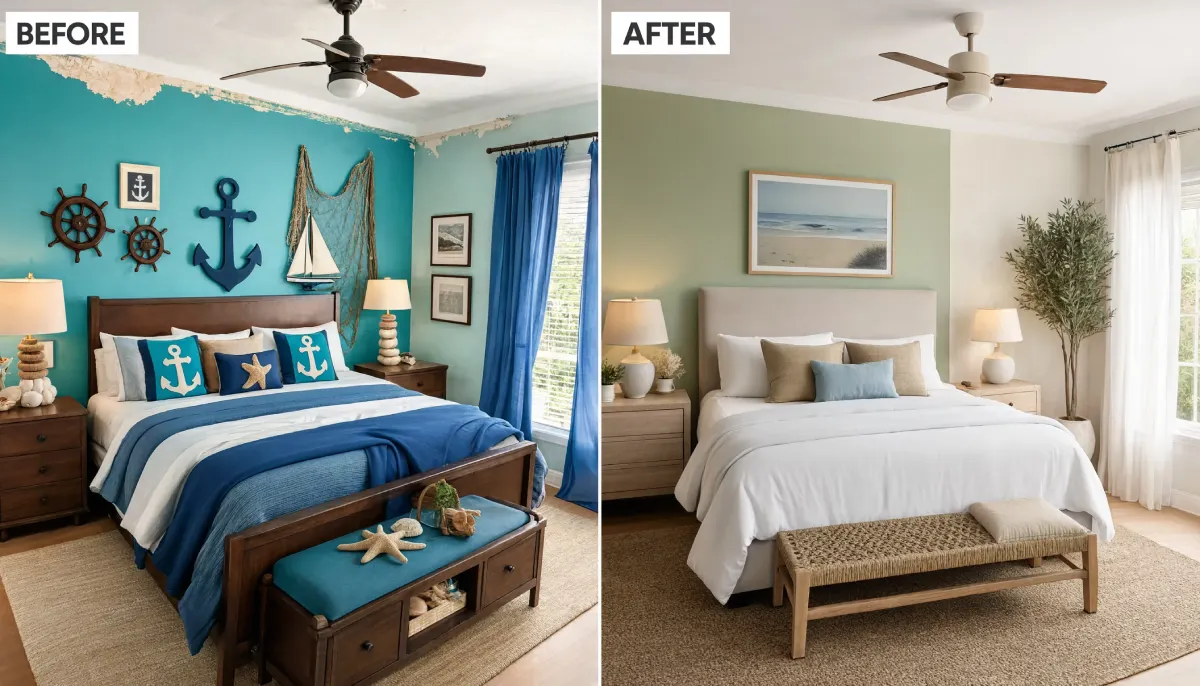 Before and after coastal bedroom update featuring a nautical themed blue accent wall transformed into a calming neutral retreat with soft green tones and layered natural textures