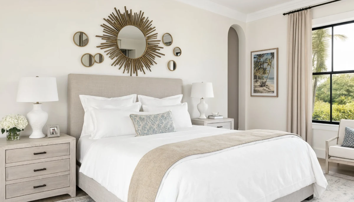 Elegant coastal bedroom featuring a gold sunburst mirror, grey upholstered bed, and palm tree artwork.
