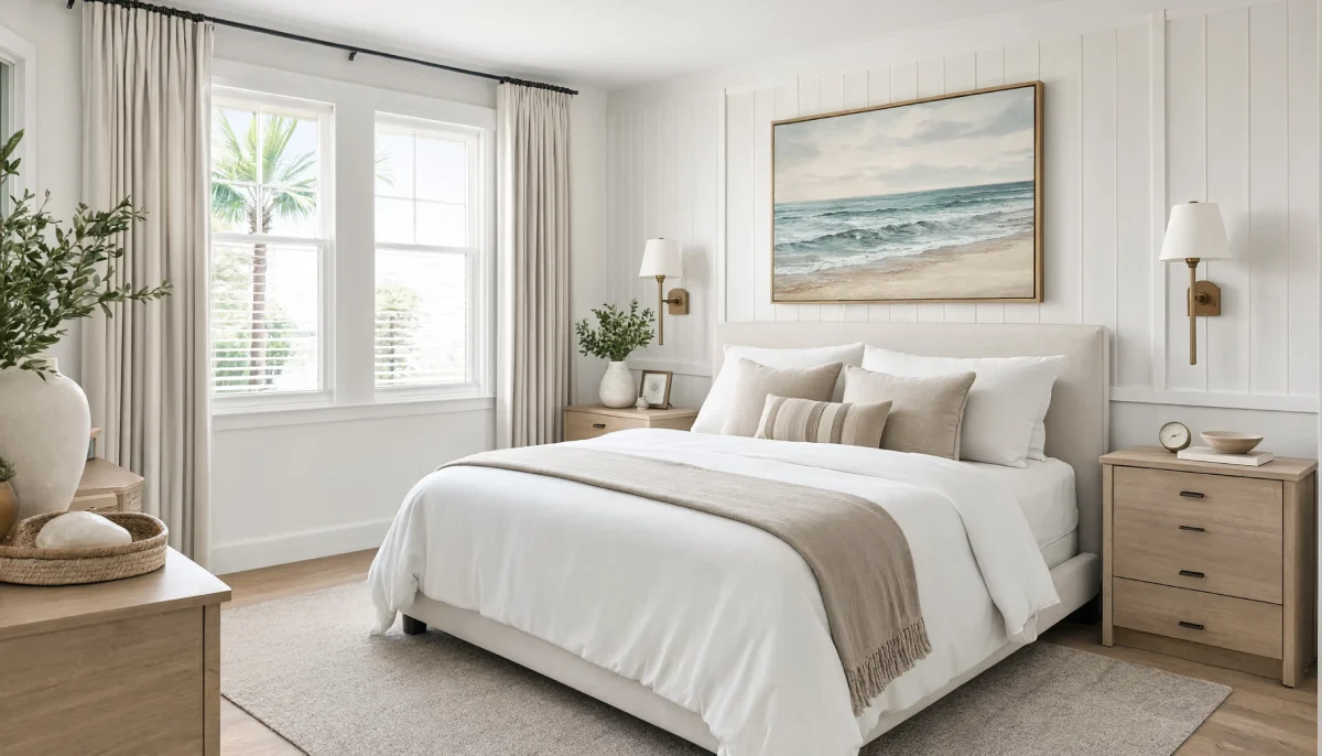 Serene coastal bedroom featuring white shiplap walls, a large ocean landscape painting, and neutral bedding.