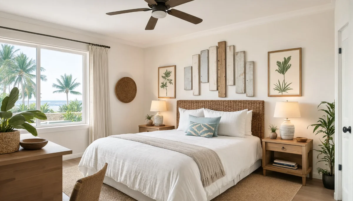 Bright coastal bedroom featuring a woven rattan headboard, botanical wall art, and a large window overlooking palm trees and the ocean.