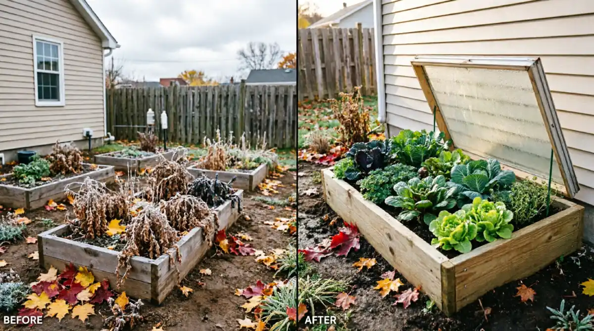 Before and after fall garden showing frost-killed raised beds with brown dormant plants in October transformed into 2x6 lumber cold frame with repurposed window lid against south-facing house wall containing thriving kale, lettuce, cabbage, and herbs extending growing season