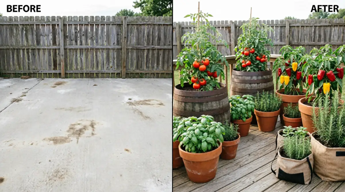 Before and after concrete patio showing empty hard surface with weathered fence transformed into container garden with whiskey barrels growing tomatoes, terracotta pots with basil and bell peppers, fabric grow bags with rosemary and herbs on wooden deck
