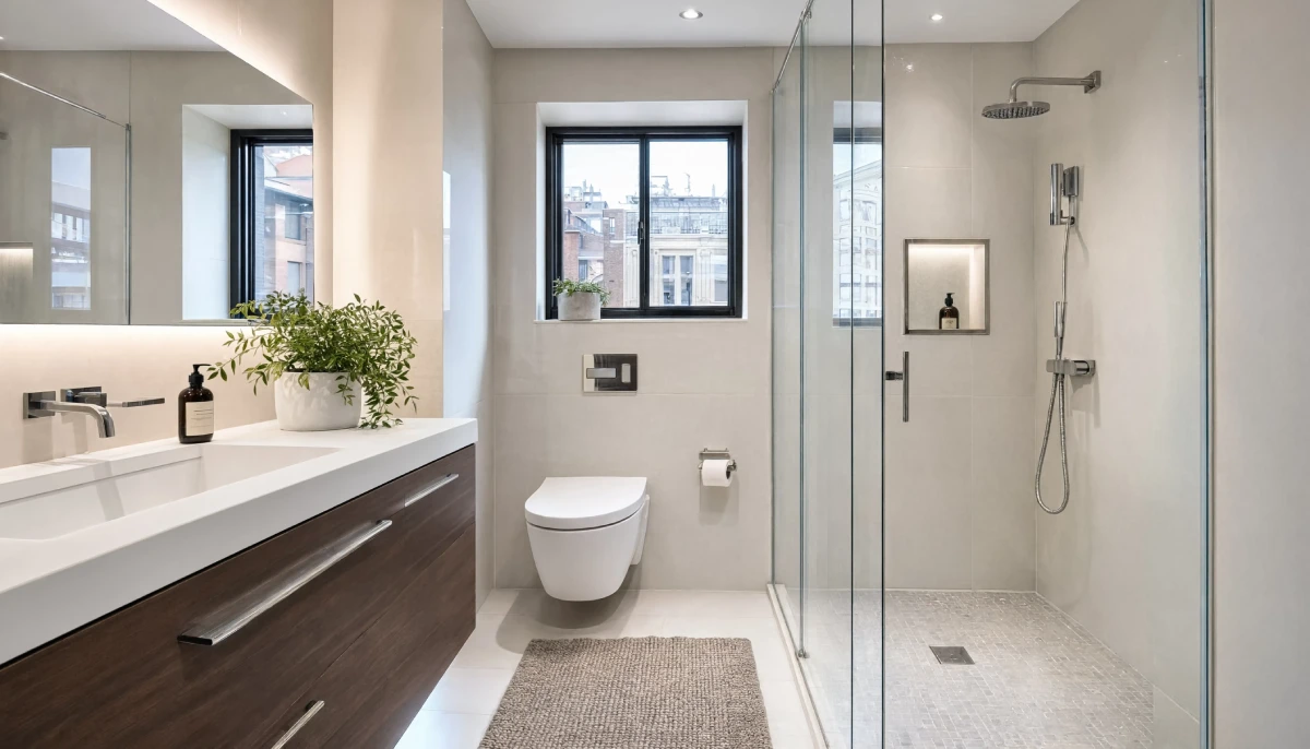 Contemporary bathroom with frameless glass shower enclosure, rainfall showerhead, and recessed niche. Includes a wall-mounted toilet, dark wood floating vanity with chrome faucet, and a black-framed window overlooking city buildings. Neutral beige tiles and a textured floor rug complete the space.