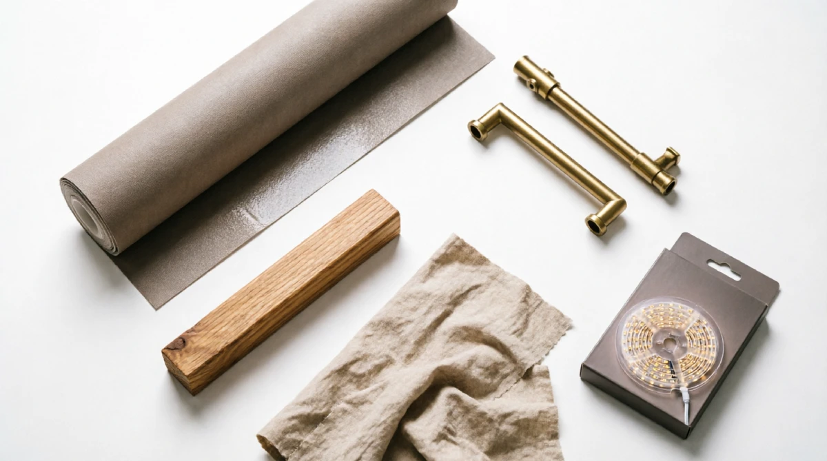 Easy DIY Home Decor Ideas for Bedroom in New York - DIY Projects - Homedecortoday Flat-lay of DIY bedroom decor materials including peel-and-stick wallpaper, curtain hardware, LED strip lights, and fabric swatches