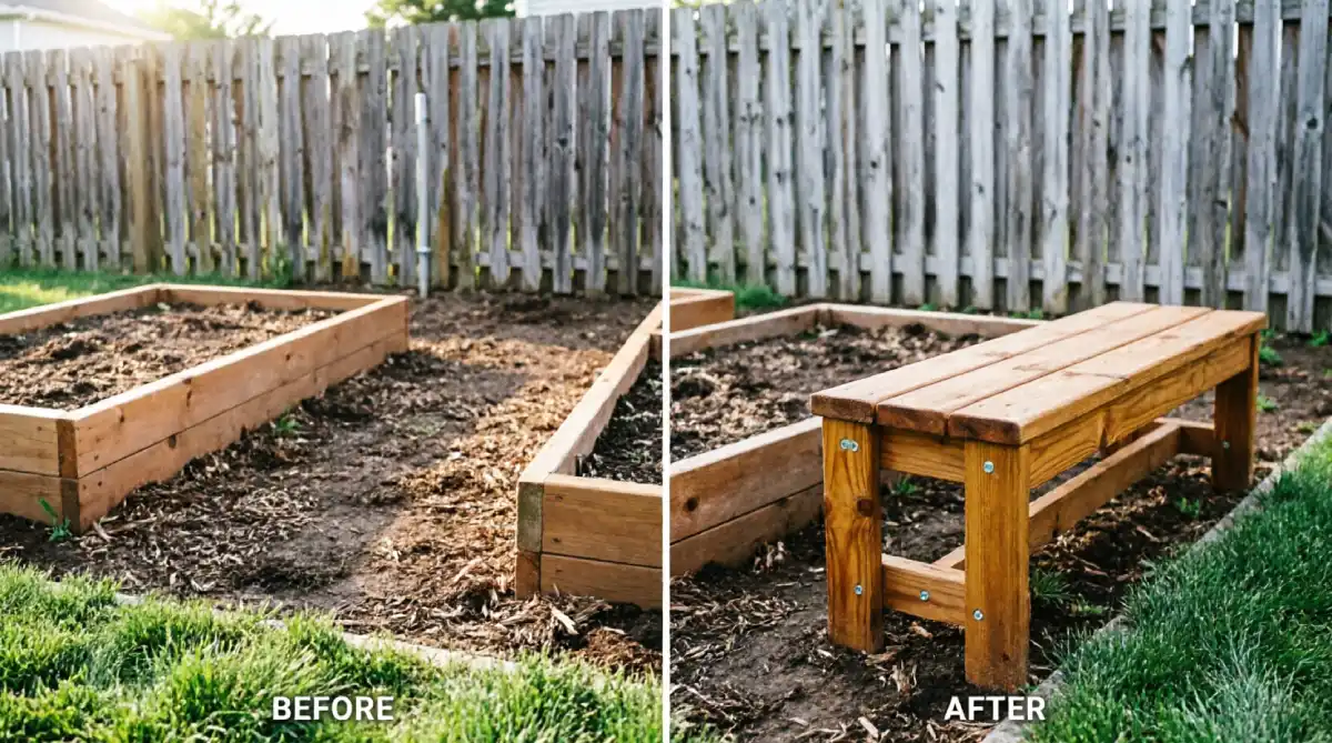 Before and after garden corner showing raised beds with mulch pathway and no seating transformed with DIY cedar 2x4 bench featuring natural wood finish and simple construction between planting beds