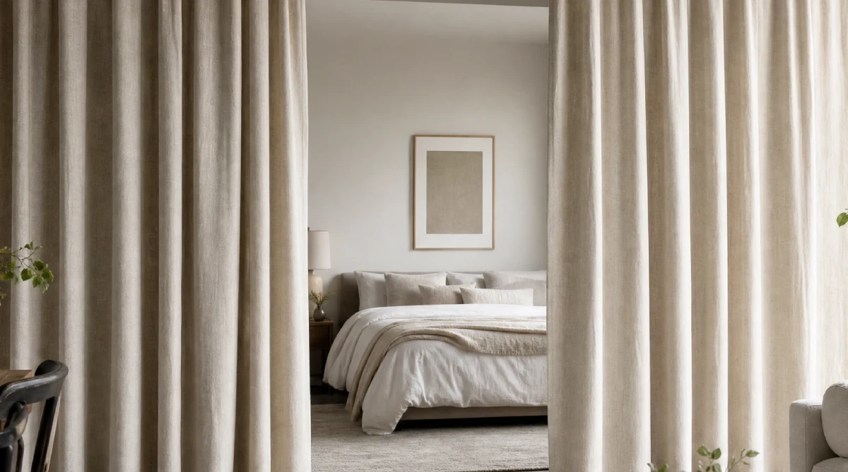 25 Budget DIY Furniture Ideas for Small Apartments in Texas - DIY Projects - Homedecortoday Floor-to-ceiling curtain room divider separating sleeping and living areas in a Texas studio apartment
