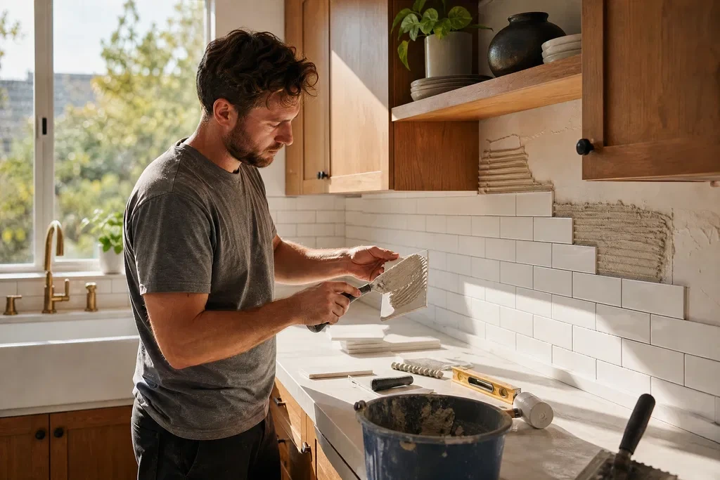 Kitchen Remodeling Cost in California: What Homeowners Actually Pay in 2026 - Remodeling - Homedecortoday Homeowner installing kitchen tile backsplash in a California home