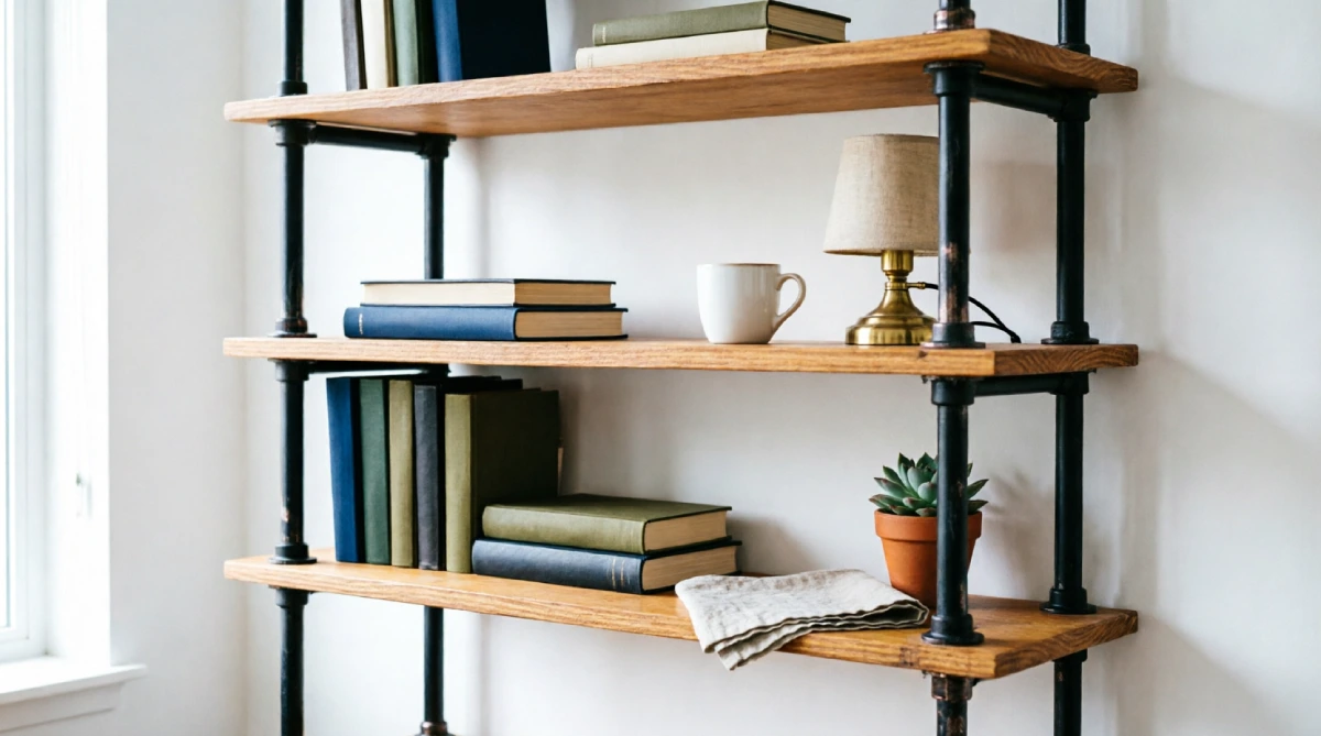 25 Budget DIY Furniture Ideas for Small Apartments in Texas - DIY Projects - Homedecortoday DIY plywood bookshelf with black iron pipe legs in a small US apartment