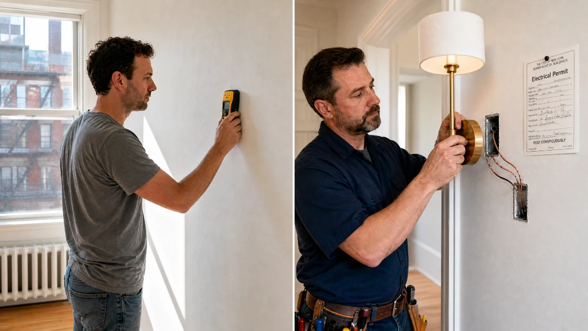 Easy DIY Home Decor Ideas for Bedroom in New York - DIY Projects - Homedecortoday Split image showing NYC homeowner installing shelf DIY on left and licensed electrician installing bedroom sconce on right