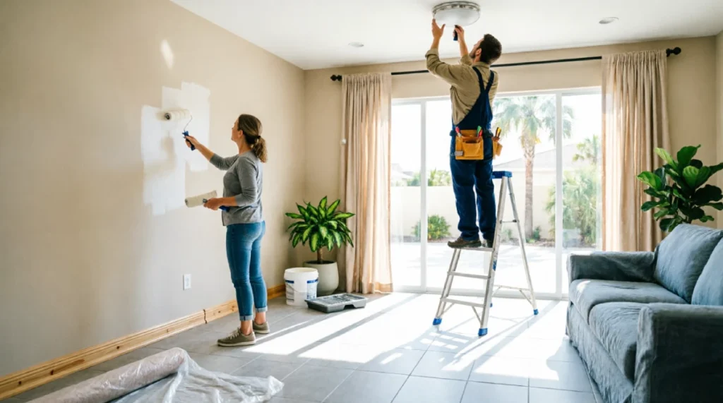 Homeowner painting a wall while a contractor handles electrical work in a Florida living room remodel