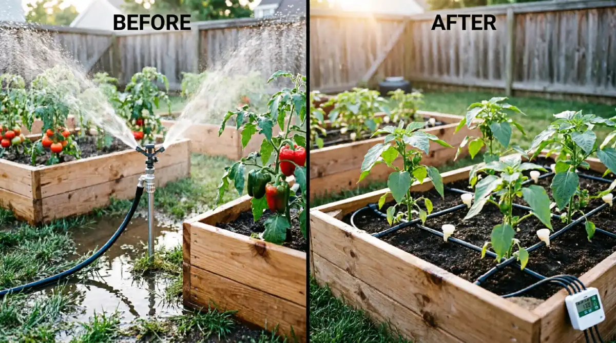 Before and after raised vegetable garden showing oscillating sprinkler with water overspray and wet foliage replaced with black drip irrigation tubing grid, emitter stakes at plant roots, and digital timer controller mounted on cedar bed