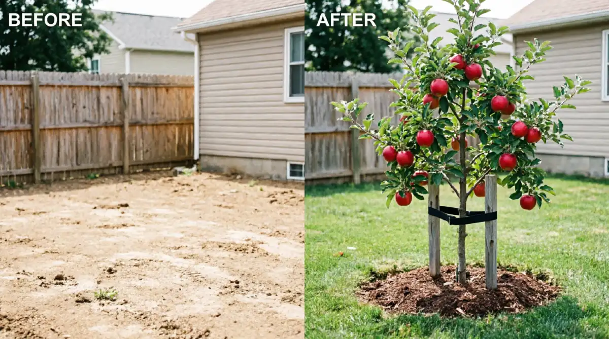 Before and after backyard corner showing bare prepared soil transformed into young dwarf apple tree with red fruit, wooden stake supports with black ties, and mulch ring at base in NY suburban lawn