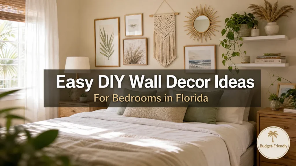 Bedroom interior showcasing eclectic wall decor like macrame and botanical prints with a text overlay about DIY Florida bedroom ideas.
