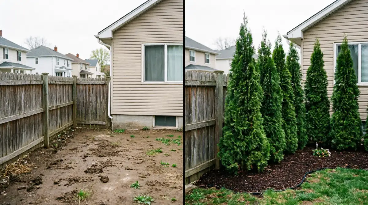 Before and after backyard property line showing bare muddy ground with visible neighboring houses transformed into dense row of Emerald Green Arborvitae evergreens with dark mulch base creating natural privacy screen without fence
