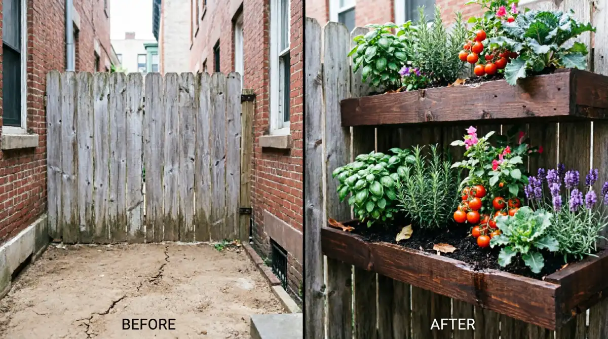 Before and after narrow row house backyard showing bare cracked ground and weathered fence transformed with two-tier dark-stained wooden raised planters mounted on fence containing basil, rosemary, cherry tomatoes, kale, lavender, and leafy greens