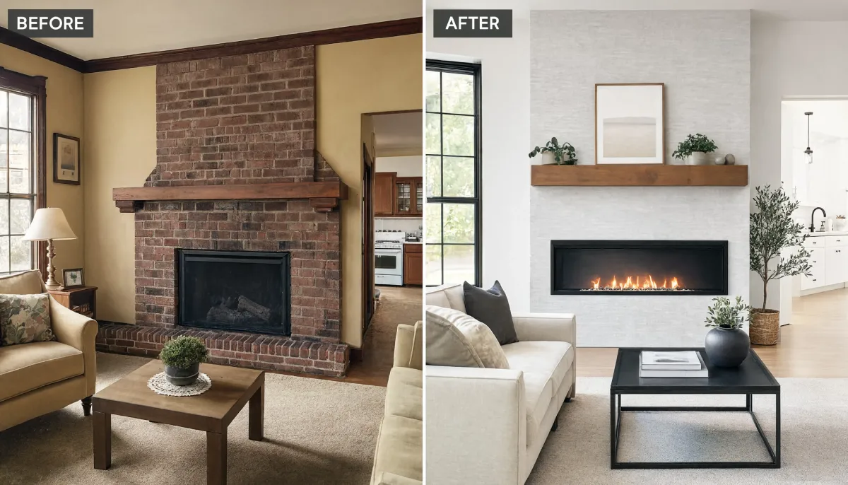 Before and after living room renovation transforming a traditional red brick fireplace with dark wood mantel into a modern white painted brick wall featuring a wide linear gas fireplace and floating wood shelf.