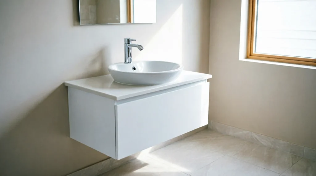 Bathroom Remodel Ideas for Small Homes in Florida (That Actually Work) - Remodeling - Homedecortoday Wall-mounted floating vanity in a small Florida home bathroom showing exposed tile floor underneath
