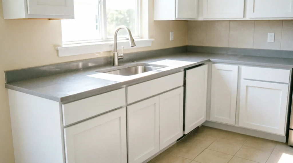 Florida single-family home kitchen with quartz countertops and porcelain tile flooring designed for humidity resistance