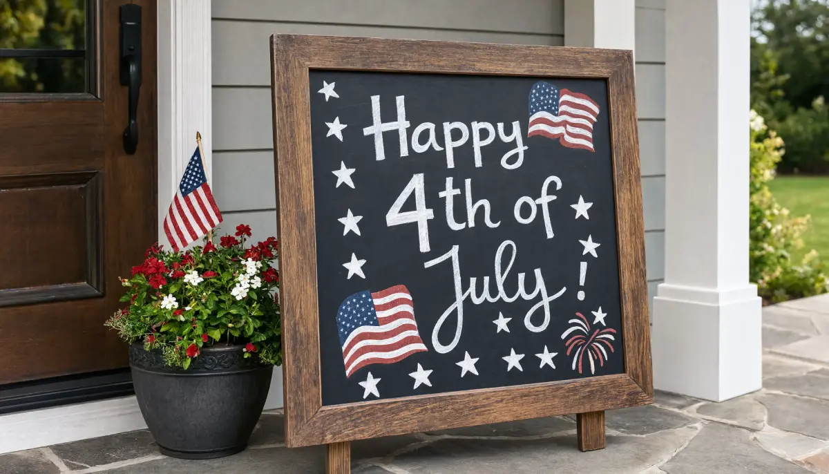 Framed chalkboard sign with Happy 4th of July text and patriotic drawings on a front porch.