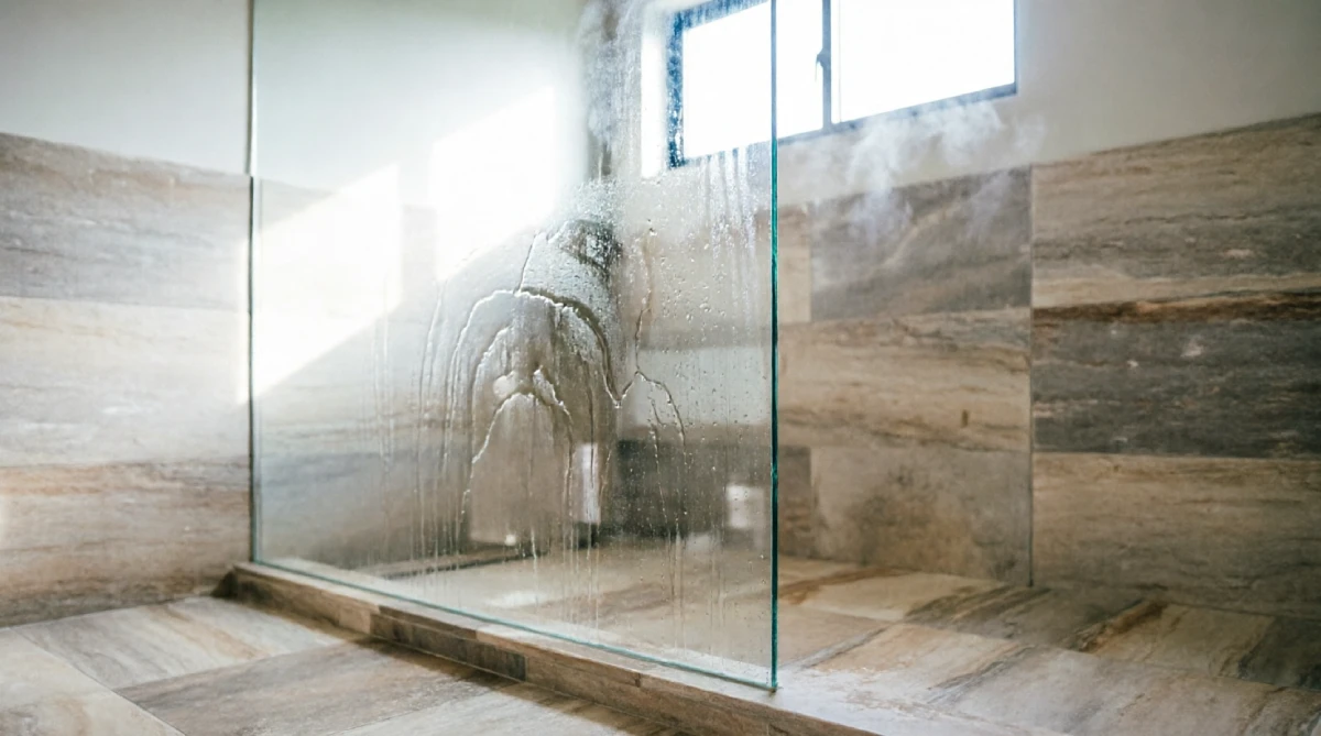 A sleek frameless glass shower opening up a bright summer bathroom.