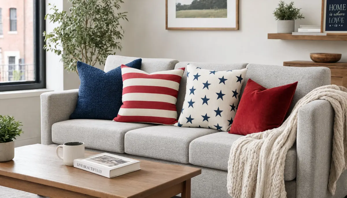 Light gray sofa styled with patriotic red white and blue throw pillows and a knit blanket in a bright living room with a coffee table.