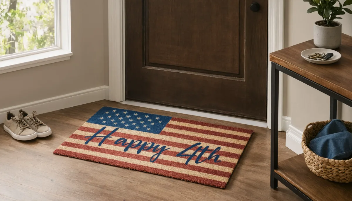 Patriotic doormat with American flag design and Happy 4th text.