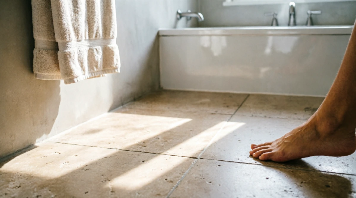 A limestone bathroom floor warmed by underfloor heating, welcoming on a cool summer morning.