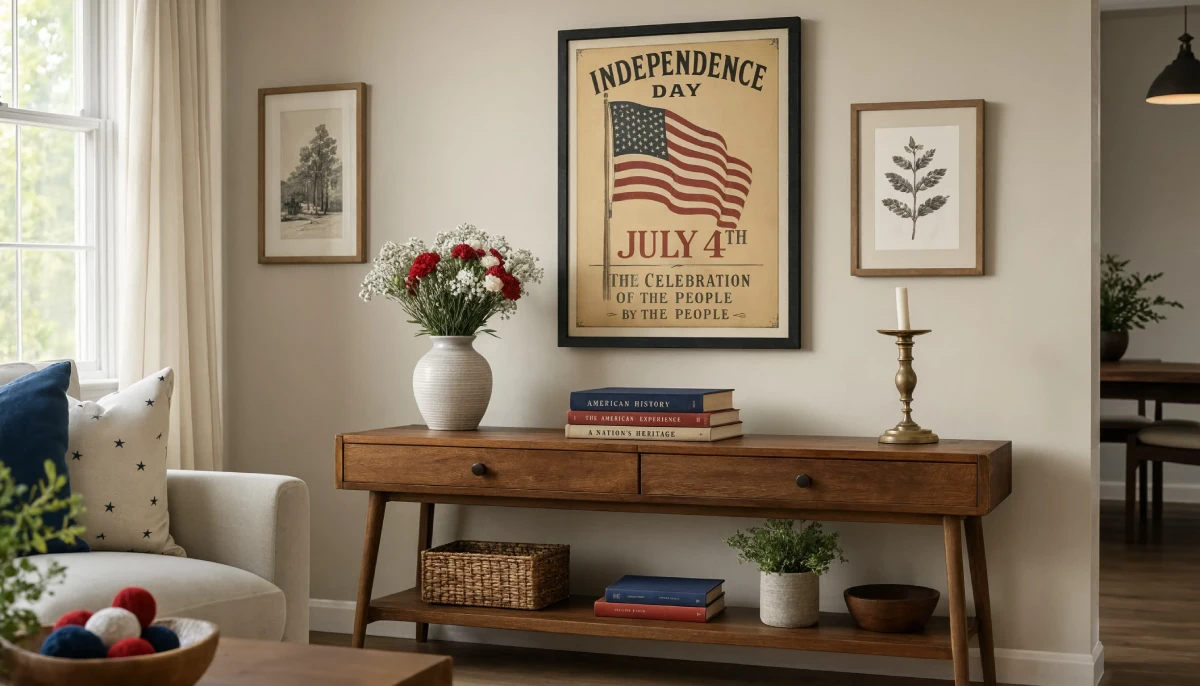 A wooden console table displays a framed Independence Day July 4th poster, red and white flowers in a vase, and American history books.