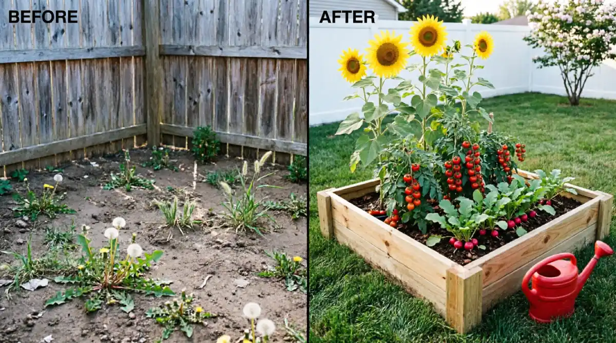 Before and after backyard corner showing bare soil with dandelions and weeds transformed into 4x4 cedar raised bed with tall yellow sunflowers, cherry tomato clusters, red radishes, and child-sized red watering can on lawn