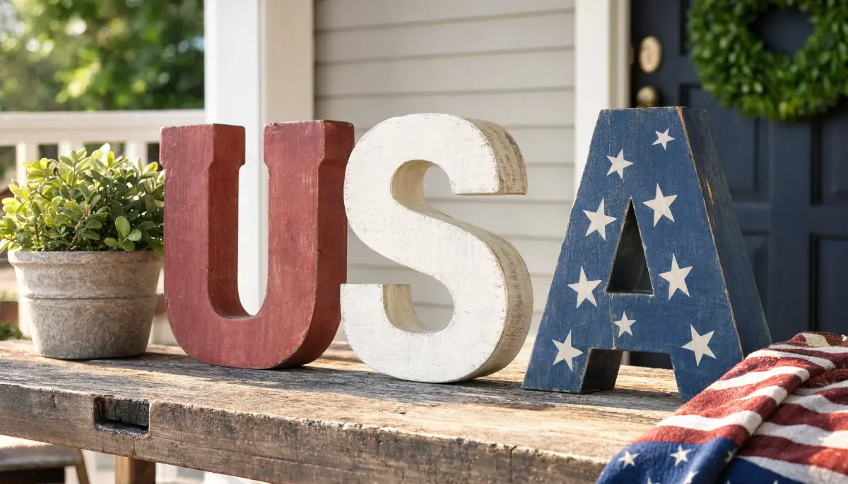 Red white and blue wooden letters spelling USA on a rustic table.