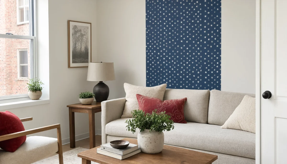 Living room featuring a blue wall with white stars pattern behind a beige sofa.