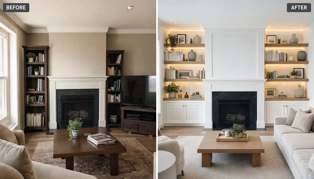 Before and after living room renovation replacing dark freestanding bookshelves with custom white built-in cabinetry and LED strip lighting around a black marble fireplace.