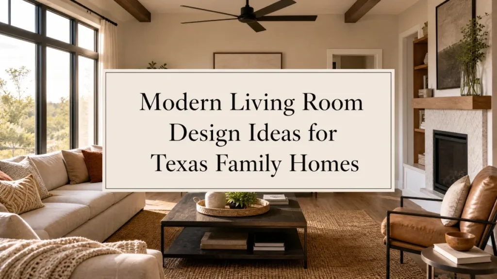 Modern Living Room Design Ideas for Texas Family Homes Modern living room interior with beige sectional sofa, leather chair, and fireplace under exposed wood beams, featuring text overlay Modern Living Room Design Ideas for Texas Family Homes