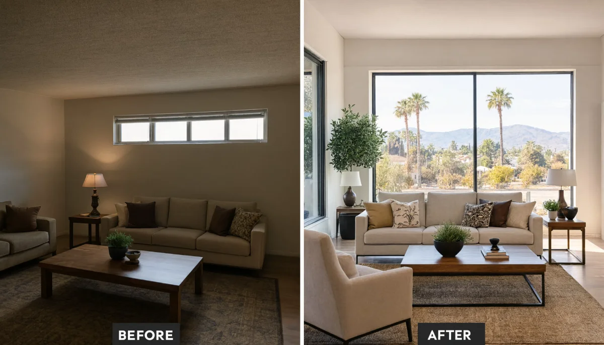 Before and after living room renovation replacing a small horizontal window with a large floor to ceiling window overlooking mountains and palm trees, featuring smooth white ceilings and updated modern furniture.