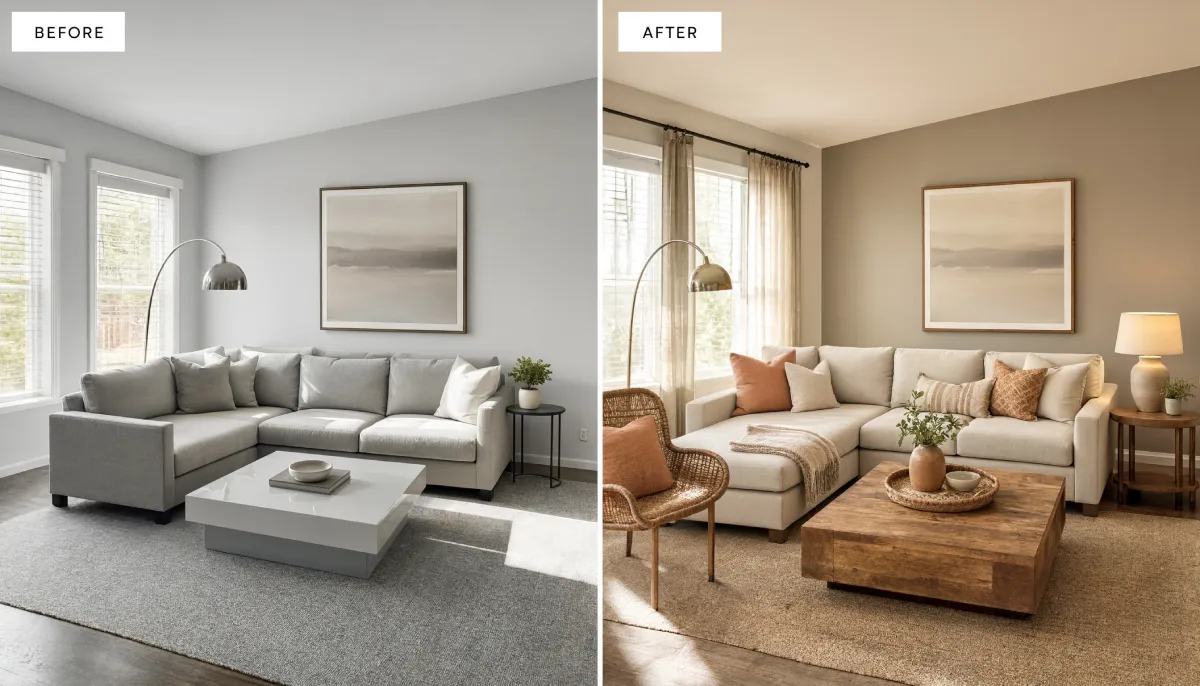 Before and after living room renovation showing a shift from cool gray walls and white glossy furniture to warm beige tones with a wood coffee table and rattan chair.