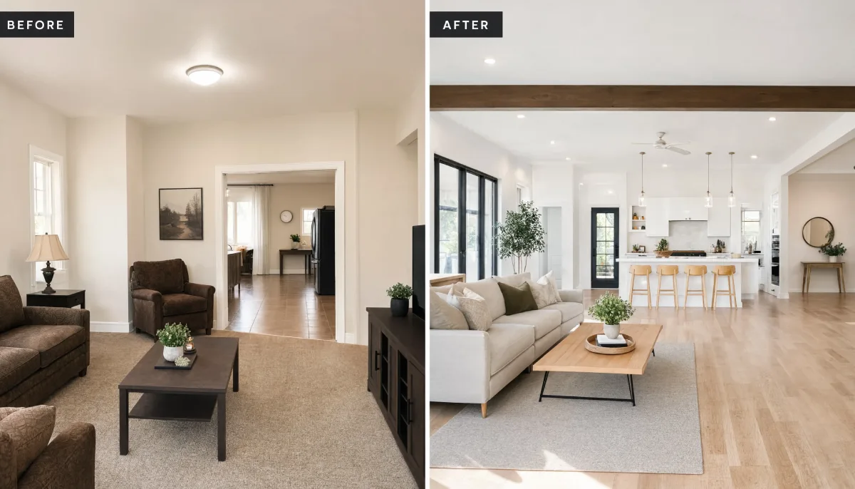 Before and after living room remodel showing transformation from closed layout with brown carpet and dark furniture to open concept space with light hardwood floors, exposed wood beam ceiling, white sectional, and modern kitchen with island and pendant lights