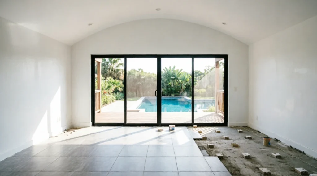 Florida living room mid-remodel with new porcelain tile flooring and sliding doors to the lanai