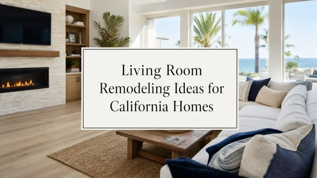 Living Room Remodeling Ideas for California Homes Modern coastal living room featuring a stacked stone linear fireplace, light wood floors, and large windows with an ocean view, illustrating living room remodeling ideas for California homes.