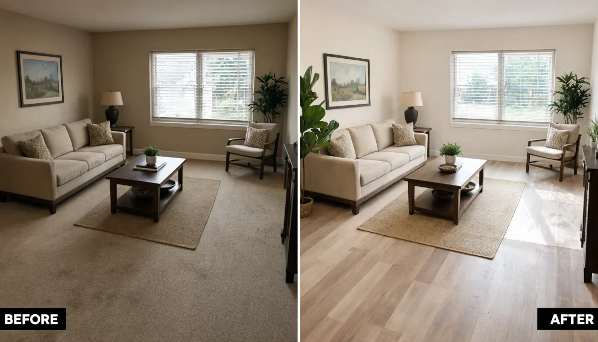 Before and after living room renovation replacing beige carpet with light wood plank flooring and painting taupe walls white to brighten the space with a large fiddle leaf fig plant added.