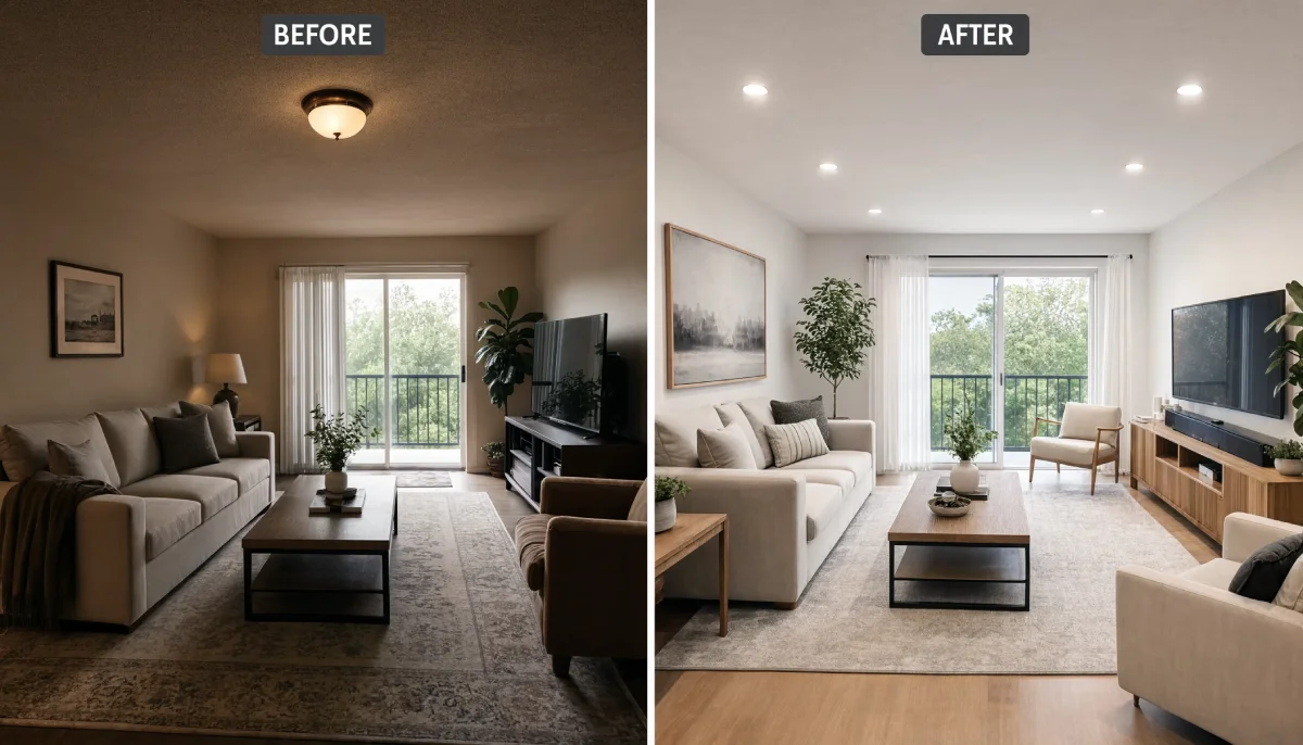 Before and after living room renovation replacing a textured popcorn ceiling and flush mount light with smooth white ceilings, recessed lighting, light wood flooring, and a modern media console.