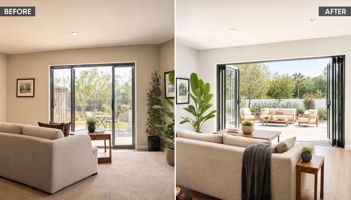 Before and after living room renovation replacing a standard sliding glass door with a black framed folding glass wall system opening to an outdoor patio.