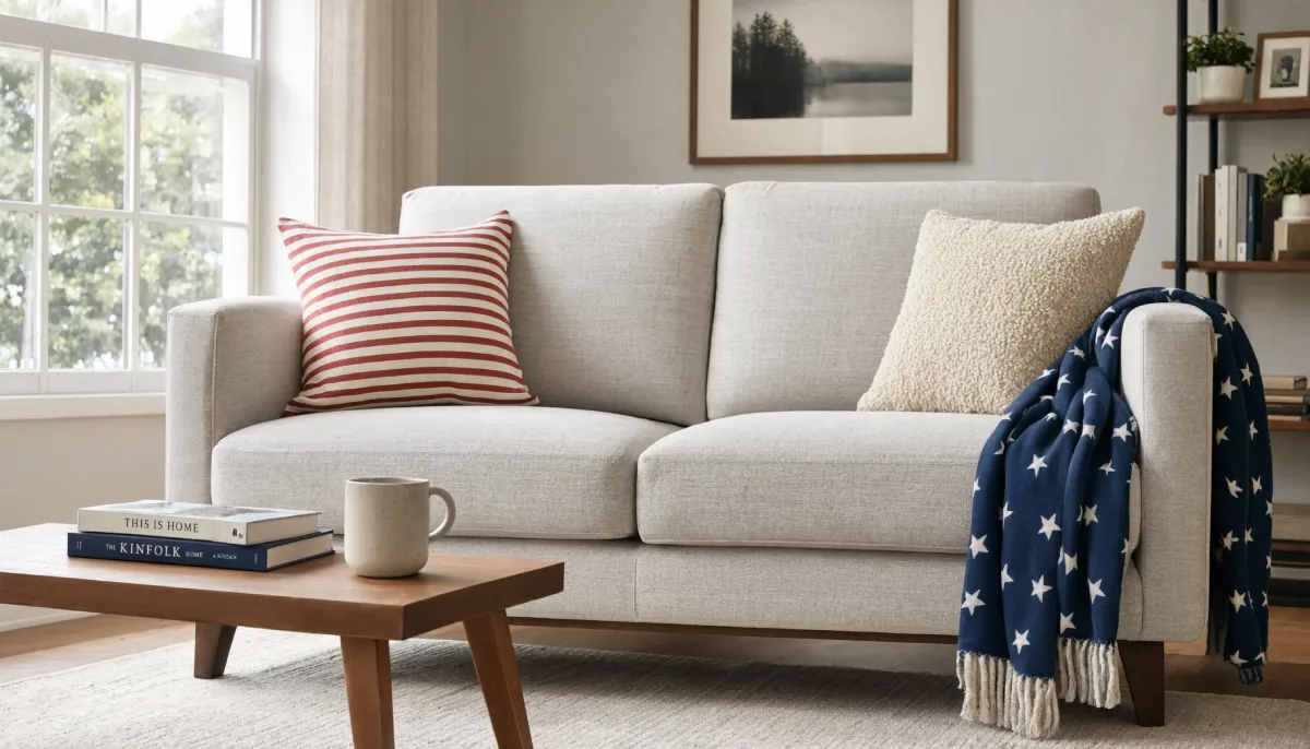Light gray sofa with red striped pillow and blue star throw blanket in a bright living room.