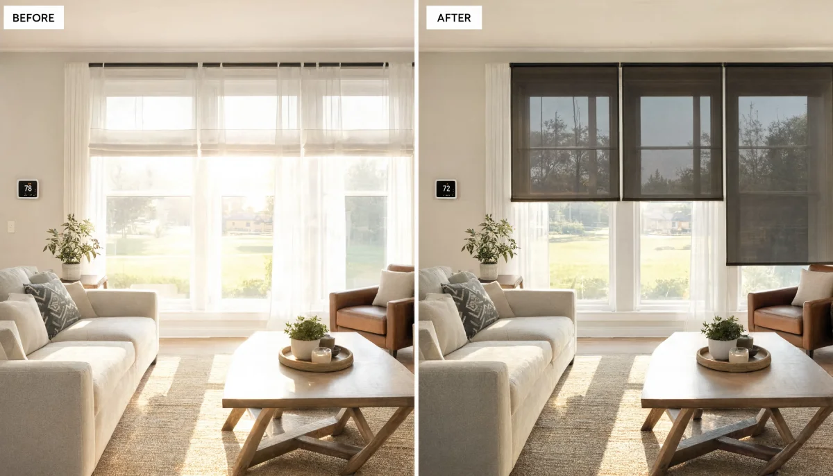 Before and after living room showing replacement of light roman shades with dark charcoal solar shades to block sunlight and lower room temperature.
