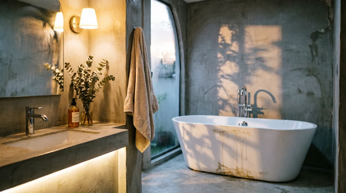 A softly lit summer bathroom with layered lights, creating a calm evening spa atmosphere.